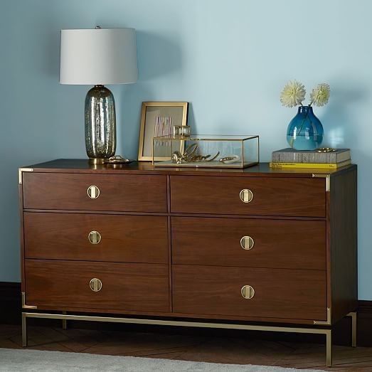 bedroom dresser, wooden dresser, storage chest, six drawer dresser, bedroom furniture, new arrival, brand awareness, lifestyle, calm, luxurious, brown, blue, neutral